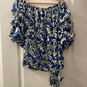 CeCe Blue and White Leaf Print Off-Shoulder Blouse